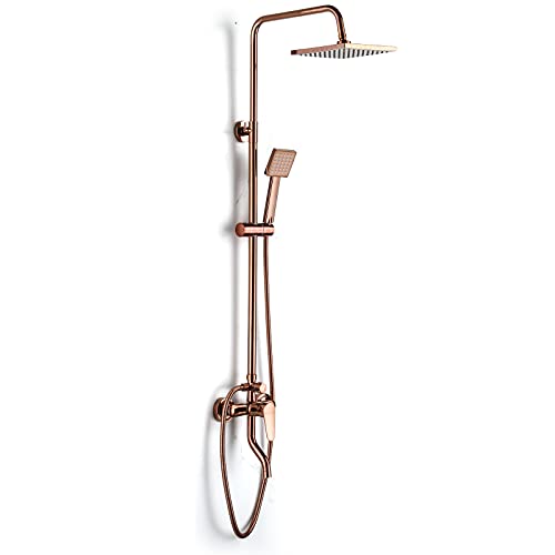 Rose Gold Bathroom Rainfall Shower Faucet Set, Overhead Shower, Hand Shower with 1.5M Hose and Bracket Wall Mount Hand Spray Mixer Tap Faucet Head Set