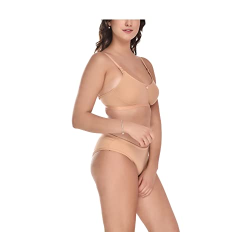 Image of Elina Women's Full Coverage Non Padded with Detachable Strap Cotton Hosiery Bra and Panty Set (Lovia Set)