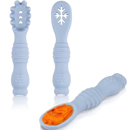 Image of Baby Spoons Self Feeding 6+ Months, Baby Led Weaning Spoons Stage 1 and Stage 2 Silicone Chew Spoon Fork Set for Babies and Toddlers, BPA Free Self Feeding Baby Utensils, Blue