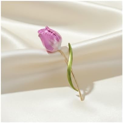 Pembe Lale Çiçek Broş – Altın Renk Uzun Saplı, Mineli Yeşil Yaprak Tasarımlı Zarif Takı Aksesuarı - Görsel 5