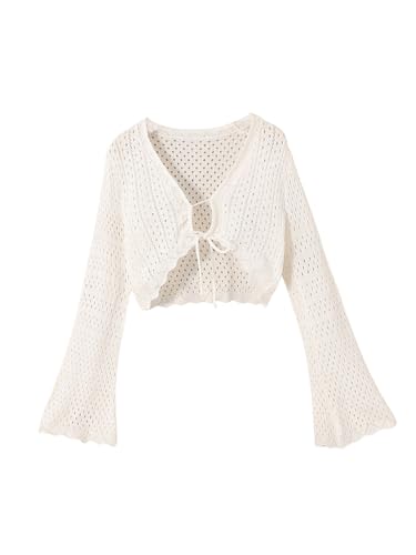 OYOANGLE Girl's Tie Front Hollow Out Cardigan Scallop Trim Trumpet Sleeve Knitted Bolero Shrug