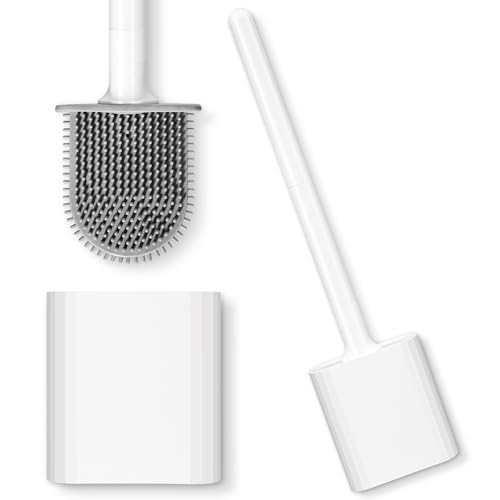 Escobillas de Baño Silicona con Soporte Limpieza Profunda del Cepillo de Inodoro de Mango Largo Escobillas de Baño montado en la Pared Blanco