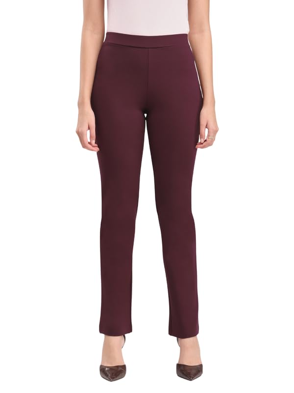 Image of FableStreet Women's Bootcut Stretch Livin Trousers | Nylon Rayon with Mid-Rise Waist | Solid Pattern & Plain Weave Fabric | Office Wear & Business Meetings
