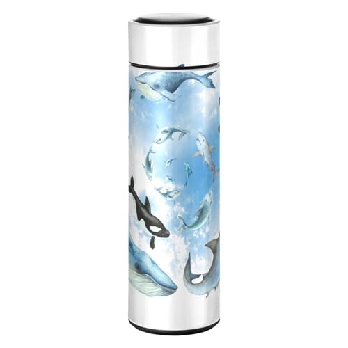 SoreSore 水筒 500ml レディース 保温保冷 8時間 イルカ 鯨 クジラ サメ 魚柄 白 可愛い おもしろ マグボトル 0.5L メンズ ステンレス 直飲み 真空断熱 大容量 おしゃれ スポーツドリンクボトル 魔法瓶 スリム 洗いやすい 軽量