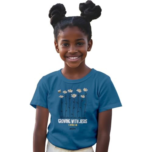 Kerusso Growing with Jesus Daisy Flowers Turquoise Cotton Kids' Crew Neck T-Shirt, 4T