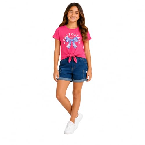 Image of AEROPOSTALE Girls Shorts Set - 2 Piece Soft Short Sleeve Graphic Tees and Twill or Denim Shorts Summer Outfits for Girls