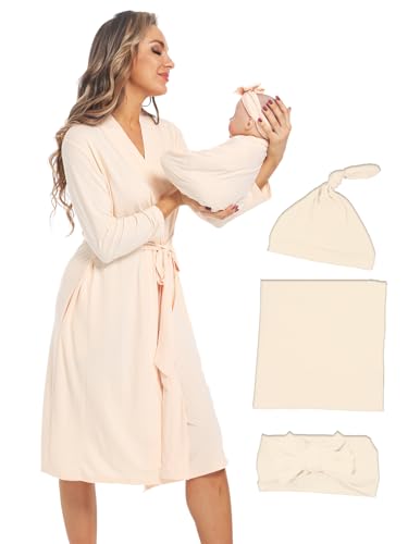 QTECLOR Maternity Robe with Matching Swaddle Blanket Set,Maternity Barhrobe Delivery Labor Robe for Hospital Women Dress