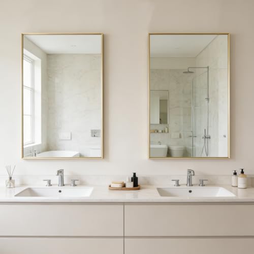 Image of Bathroom Mirror for Wall, 30x20 Inch Framed Vanity Mirror Brushed Gold