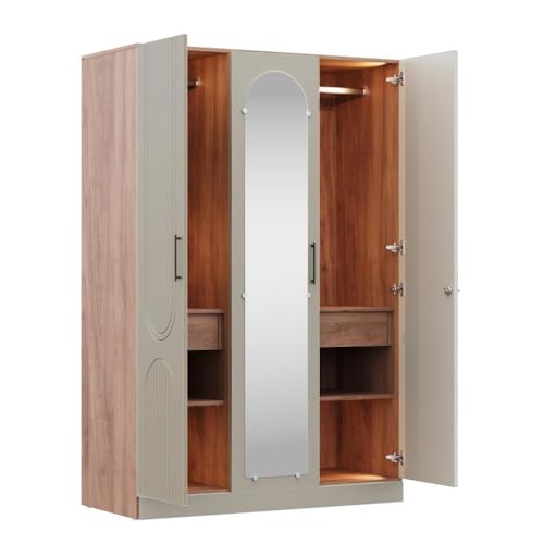 Image of Wakefit Wardrobe for Bedroom | 3 Yr Warranty | Cupboard for Bedroom, Almirah, Wooden Wardrobe, Comes with LED light, Storage Drawer, Mirror & Hanger, Density:680-750kg /m, Free Installation(Tyrian-CB)