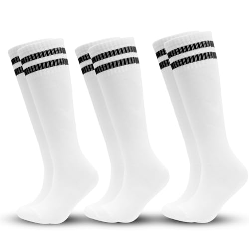 ZXOLDZX 3 Pairs Kids Soccer Socks Striped Knee High Tube Socks Football Uniform Sports Socks for Boys Girls 6-12 Years Old (US Alpha One Size Regular 3pairs-white)