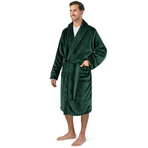 PAVILIA Mens Soft Robe Bathrobe for Men, Lightweight Fleece Male Robe Long Bath Shower Spa with Shawl Collar and Pockets (Green, L/XL)
