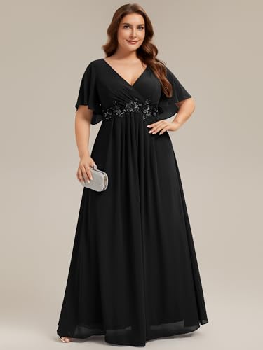 Image of Ever-Pretty Short Sleeves V Neck Plus Size Formal Dresses for Curvy Women Chiffon Mother of The Bride Dress Evening Gowns