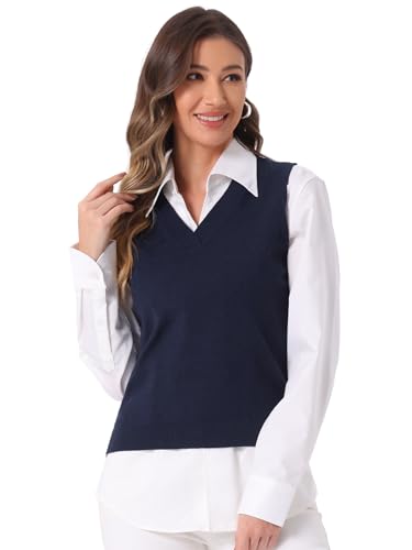 Image of Allegra K Women's V Neck Sweater Vest Knit Pullover Sleeveless Sweater Top | v neck, sleeveless, solid color, high low hem, basic pullover sweater vest, knit fabric, spring casual top