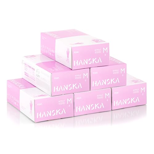 HANSKA 500 Guantes Desechables de Nitrilo Rosa - Sin Talco - Desechables - Ambidiestros - No Estériles - Base de Goma - Apto para Áreas Médicas, Manipulación de Alimentos (500, M)