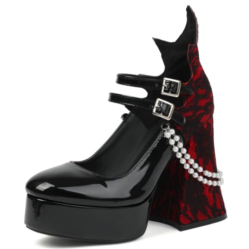 Image of KOKOMOMO Womens Lace Flower Heels Goth Platform Shoes Chunky High Heel Mary Janes Gothic Shoe