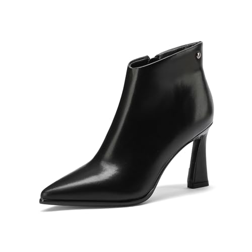 Womens Pointed Leather Thick High Heels 8.5cm/3.3in Rivet Ankle Boots Fashion Retro Party Boots2