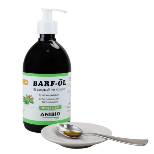 Anibio Barf Öl 500ml – All-in-One Öl-Complex 5 mit Kräutern für Hunde | Kaltgepresste Ölmischung mit Omega 3, 6 & 9 | barfen | Barföl | Made in Germany