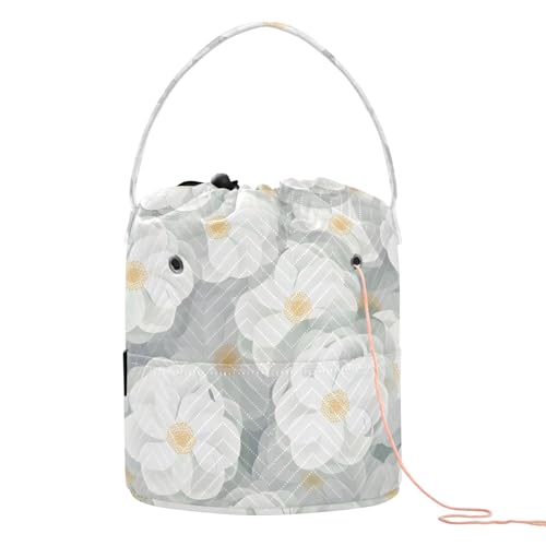 Yarn Storage Bag Small Crochet Bag Knitting Bag Organizer White Camellia Flowers Yarn Bags for Crocheting Basket
