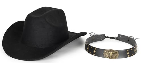 Image of Western-Cowboy-Hats for Women Men - Classic Wide Brim Felt Fedora Unisex Upturn Bull Head Cowgirl Caps with Buckle Belt