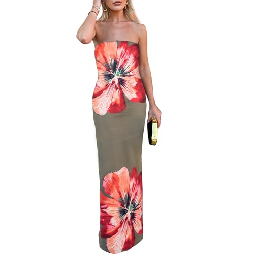 Image of Women Y2k Strapless Maxi Dress Summer Backless Floral Long Tube Dress Off Shoulder Cocktail Party Dress