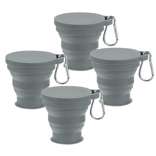 M METERXITY 4 Pack Collapsible Travel Cup, 6oz(180ml) Silicone Portable Foldable Water Cup Bottle with Spring Buckle for Travel/Camping/Hiking, Reusable [Dark Gray]