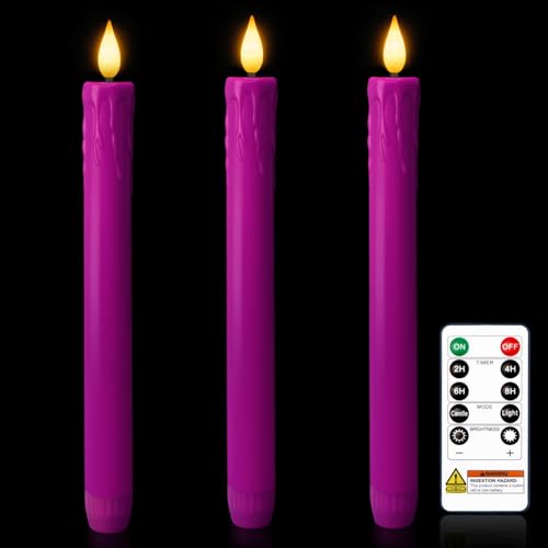 Image of Homemory 3 Pcs Waxy Purple Flameless Taper Candles with Remote Timer, LED Fake Candlesticks, 9.6 Inches Battery Tall Candle with 3D Flickering Flame for Wedding, Dinner, Christmas Anniversary Decor