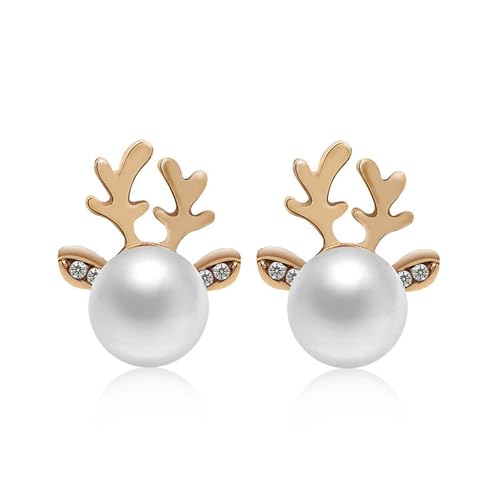 Coadipress Christmas Reindeer Earrings for Women - Cute Fashion Sparkling Rhinestone Stud Earrings - Holiday Party Statement Jewelry Accessories (Gold Pearl)