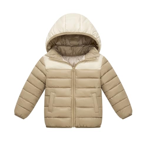 OBiQuzz Giacca trapuntata per bambini e ragazzo: piumino bicolore patchwork invernale, calda giacca buffer, con chiusura lampo, giacca leggera con cappuccio, classica e comoda (taglie 130-170), cachi