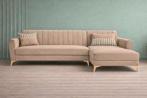 Image of Adorn India Premium Luster 6 Seater L Shape Sofa Set | Velvet Suede Fabric | 3-Year Warranty | RHS |Color Beige with Golden Legs & Striped Pattern Cushion