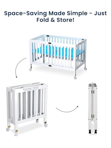 Image of POLKA TOTS Portable & Adjustable Cot for Baby | Wooden Folding Baby Bed with Lockable Wheels | Crib for 0 to 6 Years Infants with 3 Height Settings | Durable Material & Breathable Sides (Up to 28 kgs)