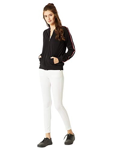 Image of Miss Chase Women's Black Round Neck Full Sleeves Solid Zippered Twill Tape Detailing Bomber Jacket