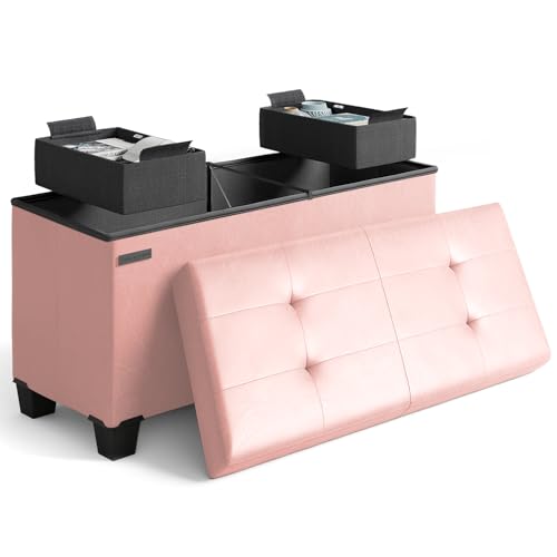 Storage Ottoman Bench with Bins, 30-in Storage Bench for Bedroom End of Bed, Folding Foot Rest Ottoman for Living Room Max 660lbs, Leather Ottomans, Pink
