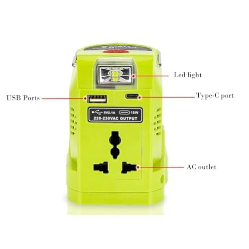 Generador inversor de corriente portátil de 200 W con salida de CA de 110-220 V y luz de 280 lm para baterías de 12 V-18 V, para trabajo al aire libre y uso de emergencia de 220 V