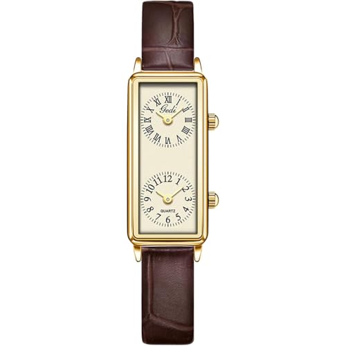 ALANTOP Montre à quartz analogique pour femme - Double fuseau horaire - Étanche - Deux cadrans - Chiffres romains et arabes - Bracelet en cuir pour voyage et...