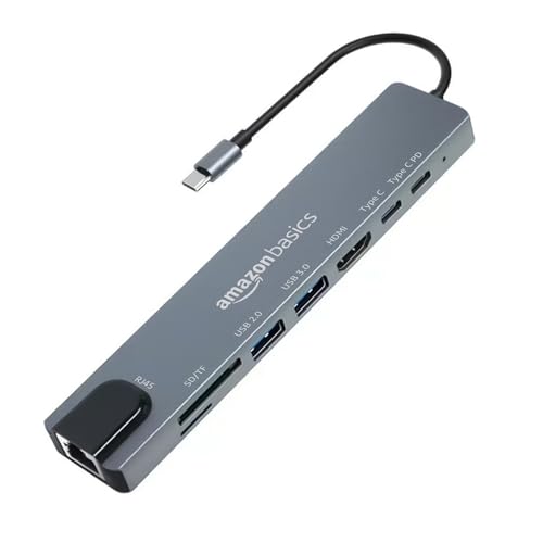 Image of Amazon Basics USB hub 3.0 for Type-c Port,8 in 1 Adapter for pc Accessories with USB-C 4K HDMI SD /TF Ethernet Adaptor HUB for Tablet PC Phone,Compatible with Laptop iPad iPhone MacBook Pro M1 M2