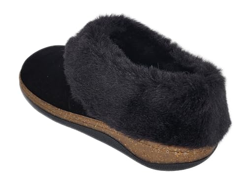Clarks Womens Slipper Suede Leather Plain Toe - Plush Faux Fur Collar/Lined With A Cork Midsole - Open Back Indoor Outdoor House Slippers For Women (Black US 94