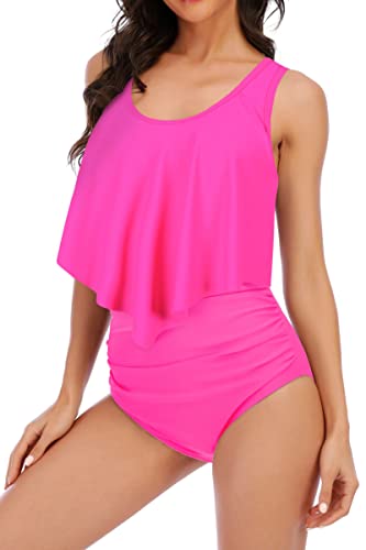 Image of Women High Waisted Bikini Swimsuit Flounce Vintage 2 Piece Bathing Suits | Vintage,tummy control,two piece bathing suits,plus size,swimwear,ruffled,tankini top,bikini bottom