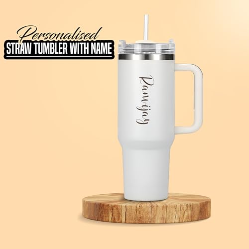 Image of SAVRI Customized Tumbler with Name, 1200 ML Stainless Steel Travel Mug with Straw, Lid & Handle, Personalised Sipper Water Bottle for Women, Men & Girls, Anniversary Birthday Gift for Office & Gym Use