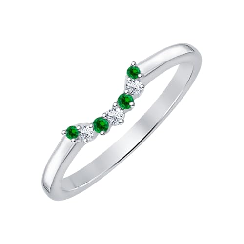 Jeffstone 0.60 Ctw Round Cut Green Emerald & Simulated Diamond 14K Gold Plated .925 Silver Curved Wedding Band Ring For Women's2