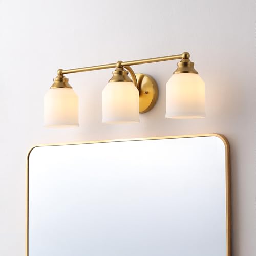 Image of JONATHAN Y 24 inch Brass Gold /White Modern Farmhouse LED Vanity Light Wall Sconce Fixture, Frosted White Glass Shade, Dimmable Wall Lamp for Bathroom Mirror Kitchen Sink, UL Listed (JYL7551B)