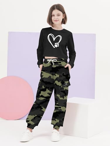 SANGTREE Girls Clothing Sets, Girls Long Sleeve Crop Top and Cargo Jogger Pants Outfit Set,4T-14 Years2