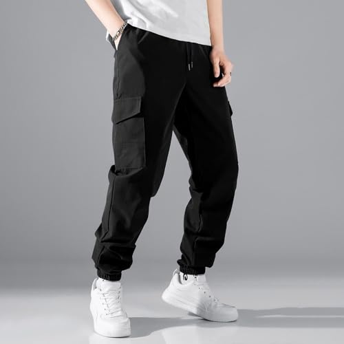 Drawstring Cargo Pants Men Solid Pockets Elastic Waist Long Joggers Trousers Elastic Waist Workout Trouser Pants2