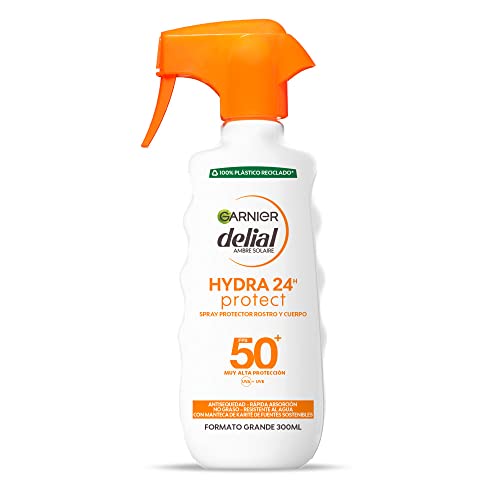 Delial Spray Protector SPF 50 y HYDRA 24 Protección Resistente al Agua, Fórmula Hidratante No Grasa con Manteca de Karite de Fuentes Sostenibles Para una Piel Protegida, Hidratada y Suave 270ml