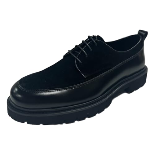 Men's Business Casual Oxford Shoes, Leather and Suede Upper, Chunky Platform Sole, Black