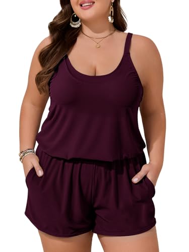 Summer Mae Plus Size Swim Romper Women One Piece Swimsuit Blouson Bathing Suit with Pockets 2026 Modest Swimwear Purplish Red 18 Plus