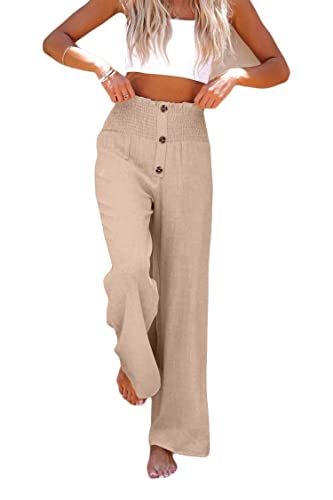 Womens Cotton Linen Pants Wide Leg High Waisted Drawstring Palazzo Casual Summer Pants
