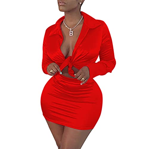 LuFeng Womens Satin Sexy Self Tie Front Long Sleeve 2 Piece Outfits Crop Top and Mini Bodycon Skirt Set2