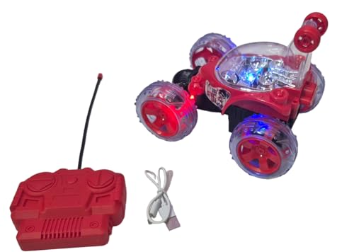 Image of Rechargeable 360 Stunt RC Car - Red High-Speed Remote Control Car with LED Lights & USB Charging - 4WD Tornado Spin & Flip Toy for Kids