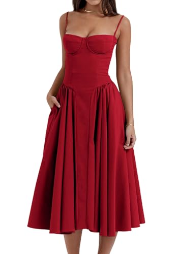 SHINFY Womens Summer Corset Midi Dress Spaghetti Strap Bustier A-Line Flowy Sundress Formal Cocktail Vacation Dress Red