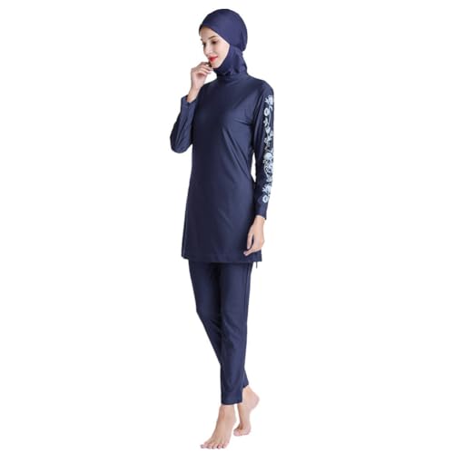Modest Muslim Swimsuits for Women Burkini Islamic Swimwear Long Sleeve Full Covered Hijab Swim Top Pants Swim Cap Wetsuit 3 Piece Bathing Suits Rash Guard Sets Arabic Swimwear Dark Blue Floral 3XL